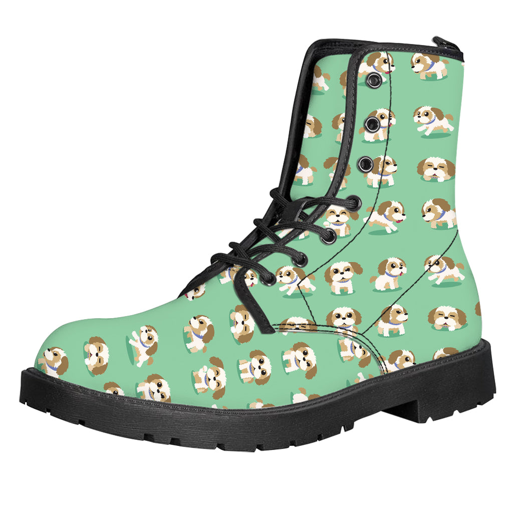 Cartoon Shih Tzu Pattern Print Leather Boots