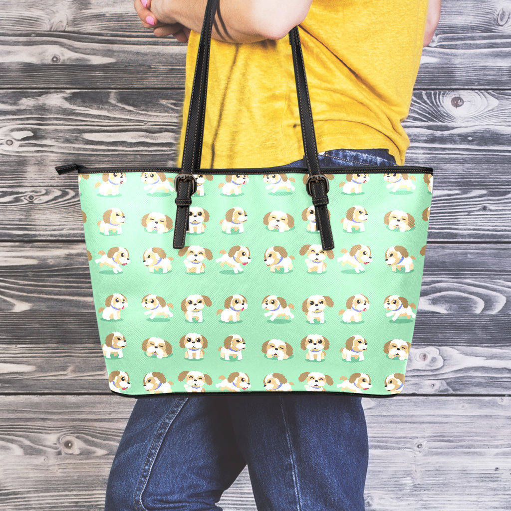 Cartoon Shih Tzu Pattern Print Leather Tote Bag