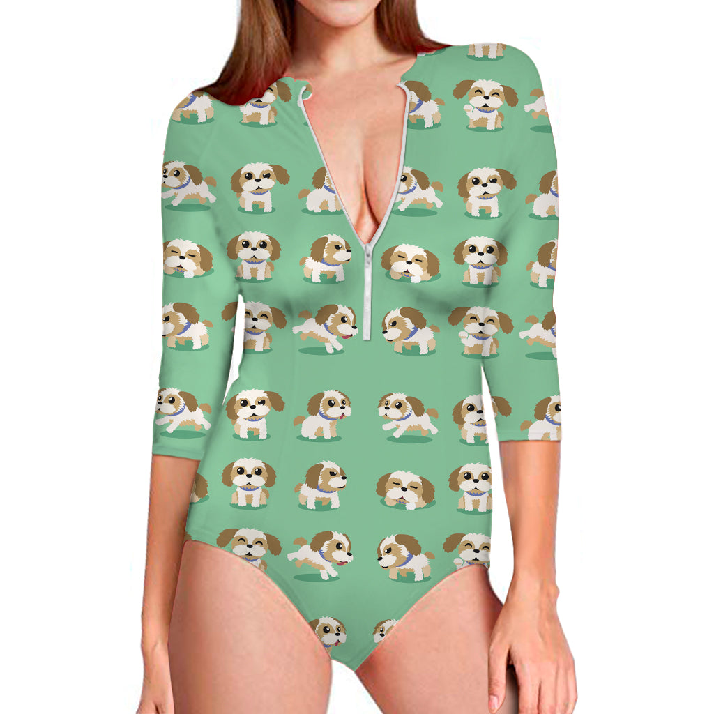 Cartoon Shih Tzu Pattern Print Long Sleeve One Piece Swimsuit