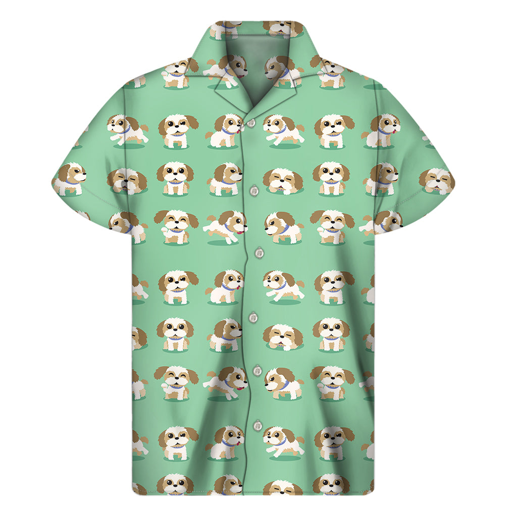 Cartoon Shih Tzu Pattern Print Men's Short Sleeve Shirt