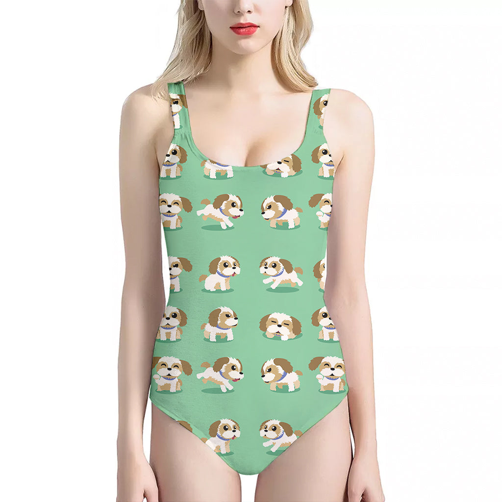 Cartoon Shih Tzu Pattern Print One Piece Halter Neck Swimsuit