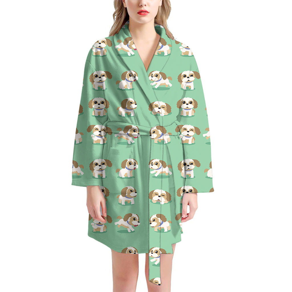 Cartoon Shih Tzu Pattern Print Women's Bathrobe