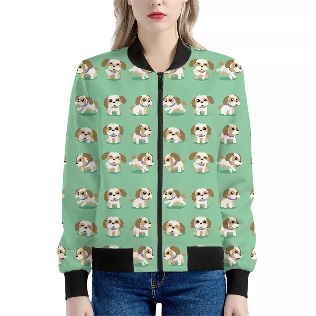 Cartoon Shih Tzu Pattern Print Women's Bomber Jacket