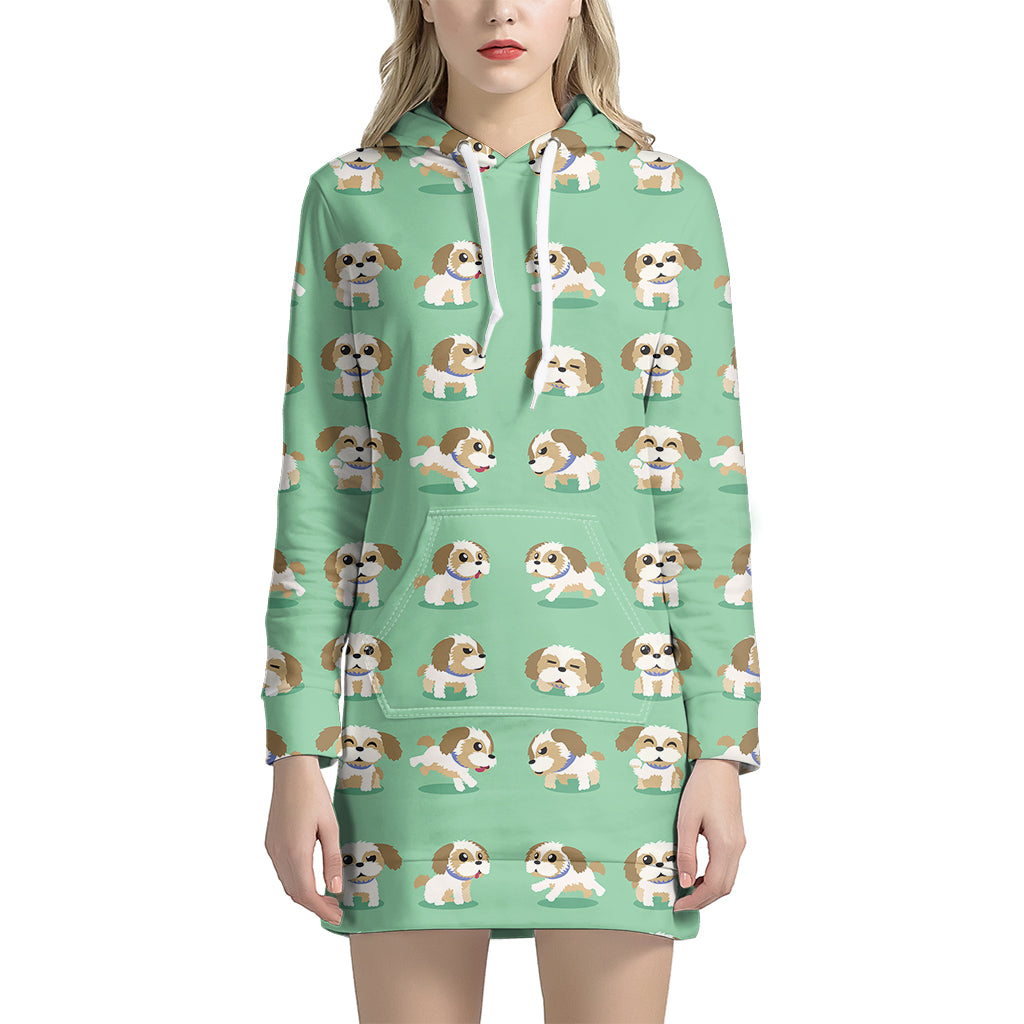 Cartoon Shih Tzu Pattern Print Women's Pullover Hoodie Dress