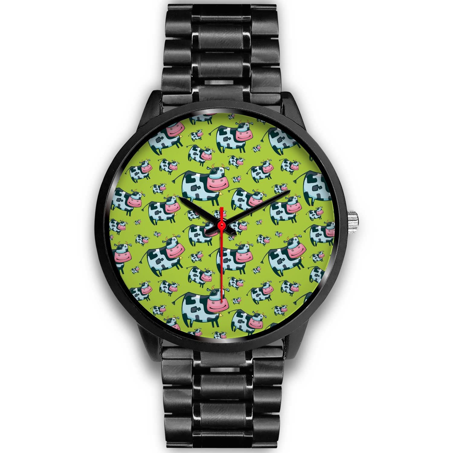 Cartoon Smiley Cow Pattern Print Black Watch