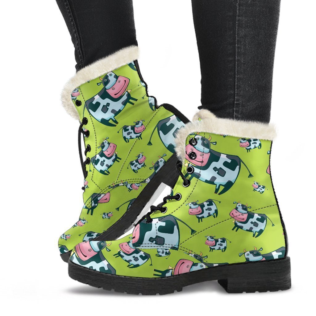 Cartoon Smiley Cow Pattern Print Faux Fur Leather Boots