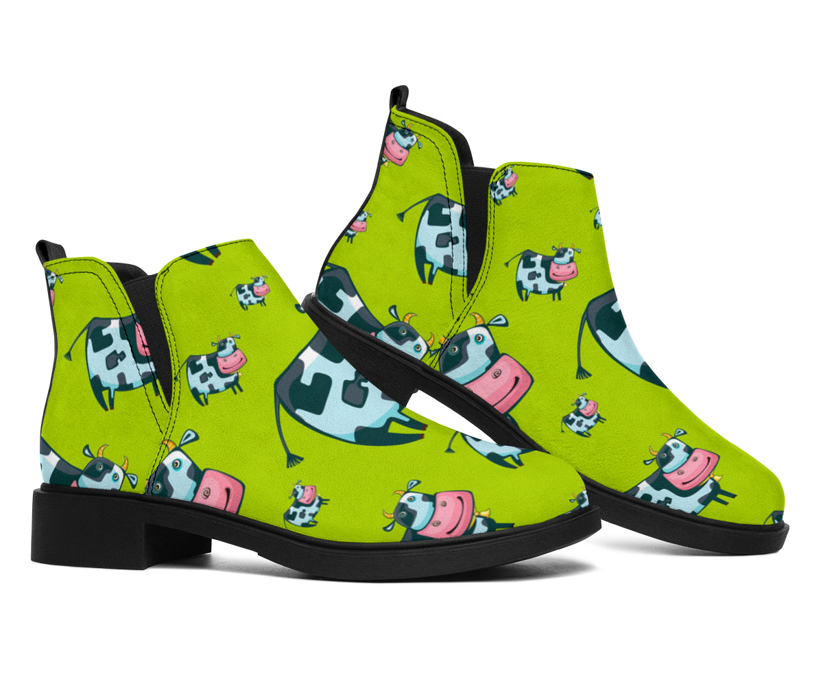 Cartoon Smiley Cow Pattern Print Flat Ankle Boots