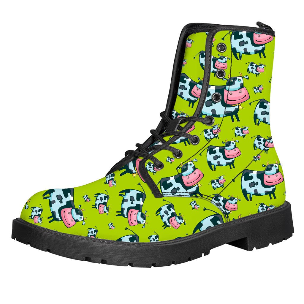 Cartoon Smiley Cow Pattern Print Leather Boots