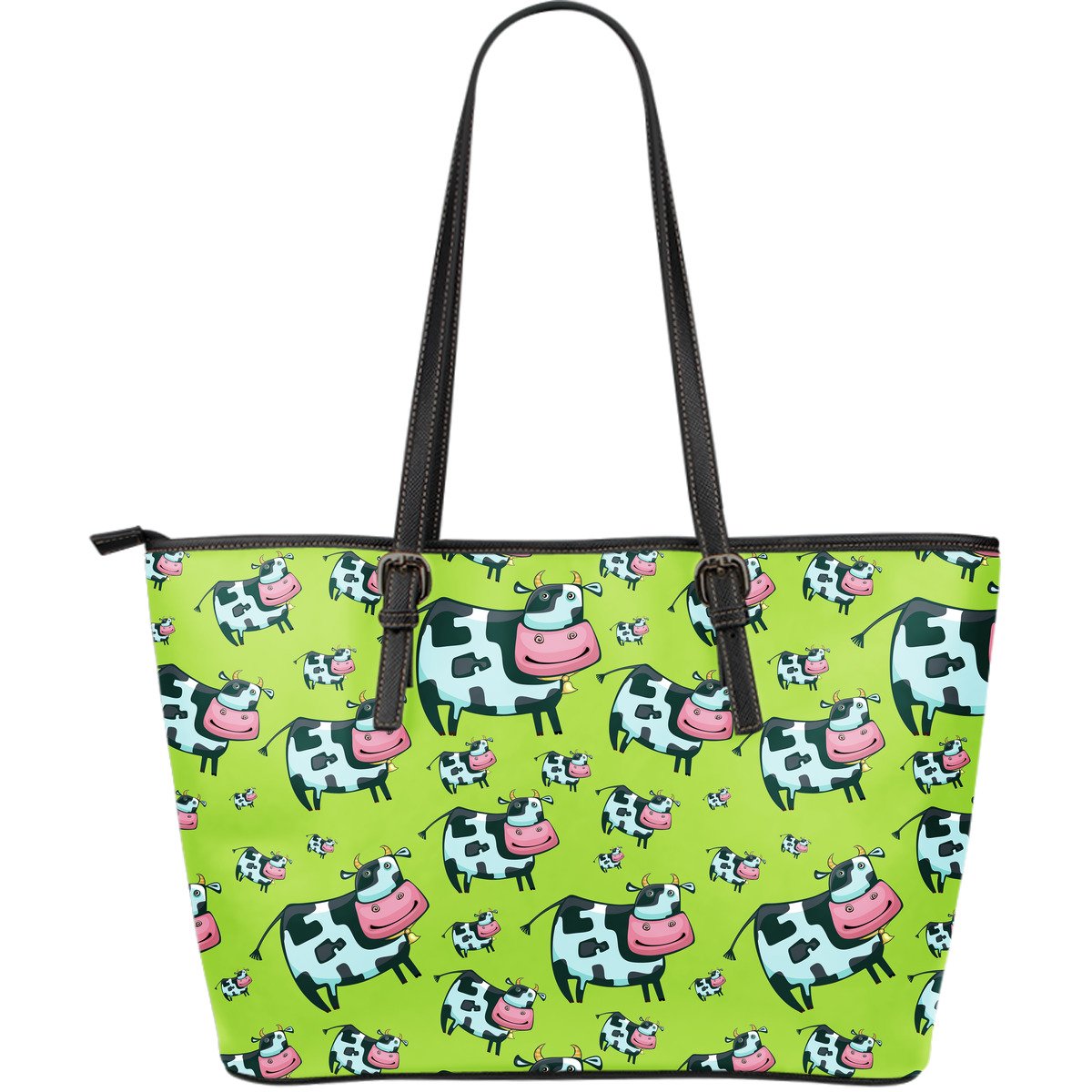 Cartoon Smiley Cow Pattern Print Leather Tote Bag