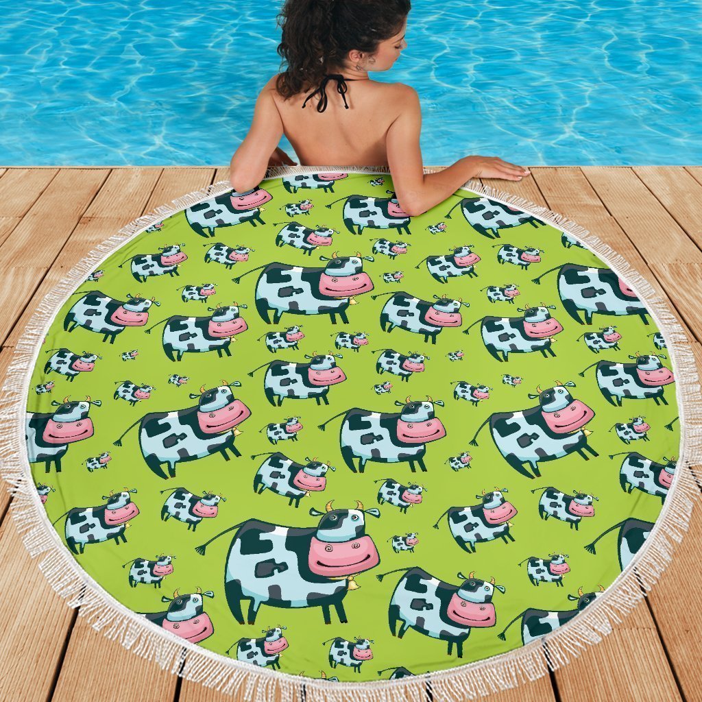 Cartoon Smiley Cow Pattern Print Round Beach Blanket