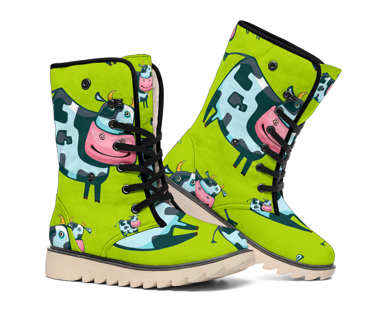 Cartoon Smiley Cow Pattern Print Winter Boots