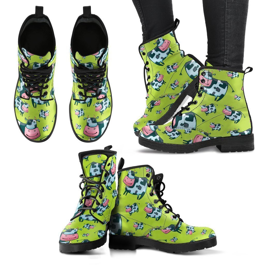 Cartoon Smiley Cow Pattern Print Women's Boots