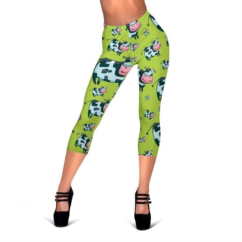 Cartoon Smiley Cow Pattern Print Women's Capri Leggings