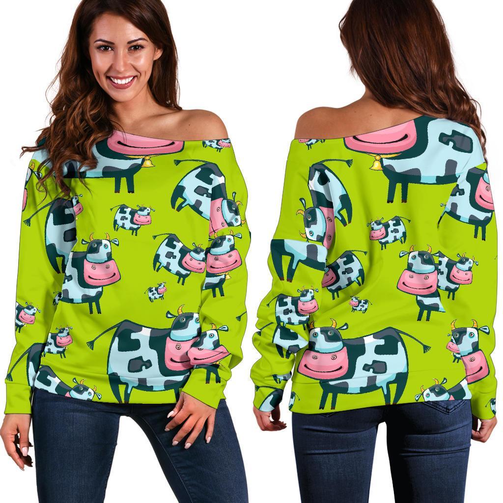 Cartoon Smiley Cow Pattern Print Women's Off-Shoulder Sweatshirt