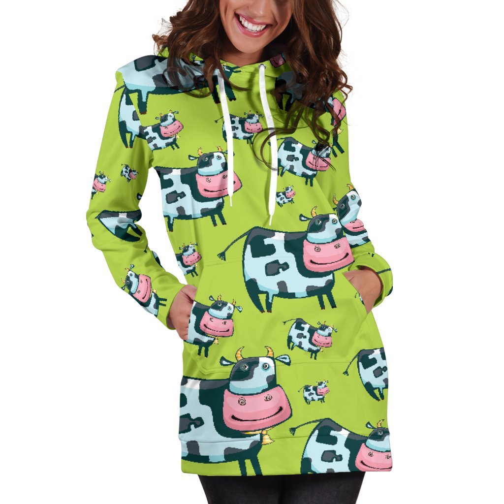 Cartoon Smiley Cow Pattern Print Women's Pullover Hoodie Dress