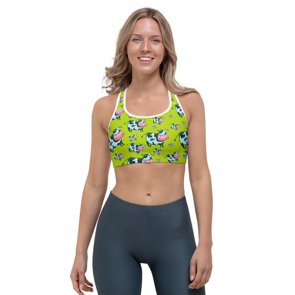 Cartoon Smiley Cow Pattern Print Women's Sports Bra