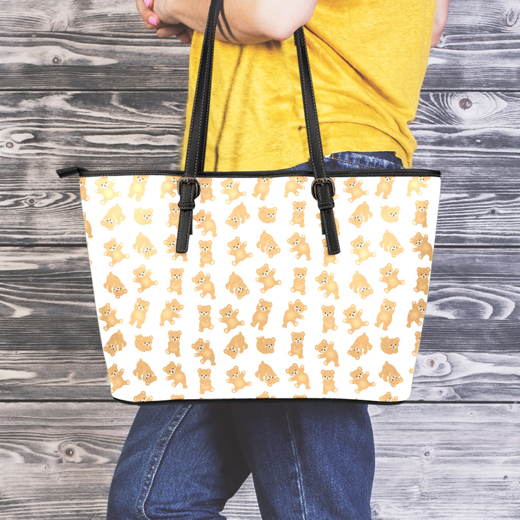 Cartoon Teddy Bear Pattern Print Leather Tote Bag