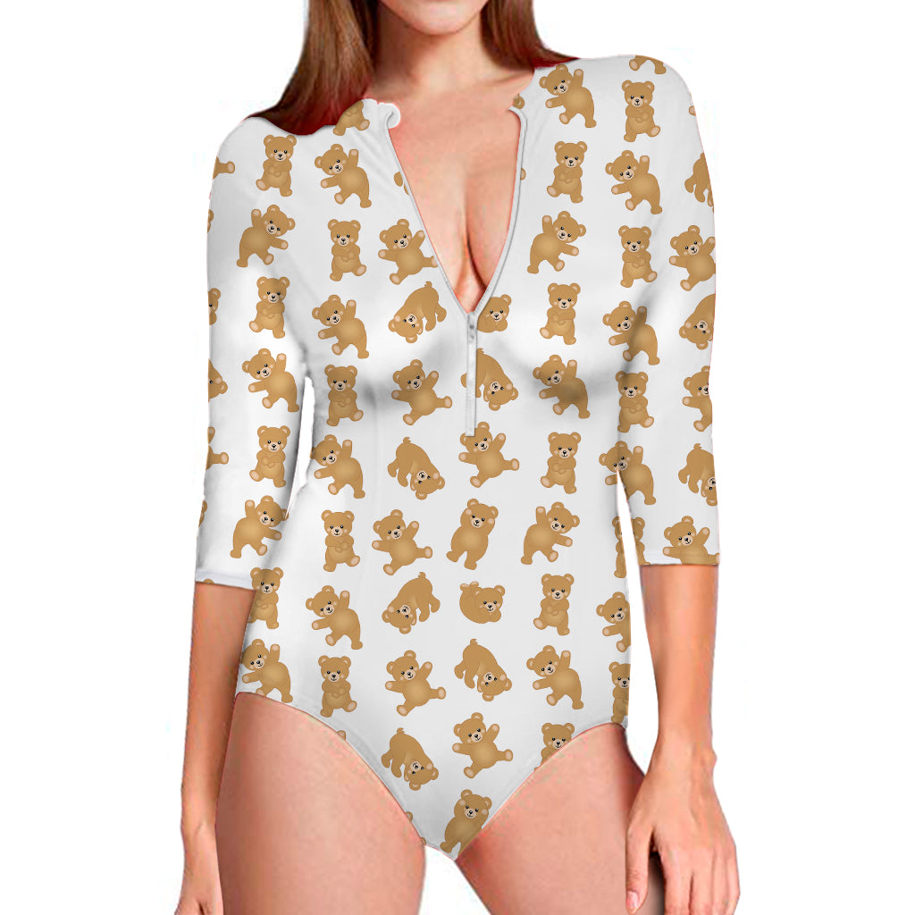 Cartoon Teddy Bear Pattern Print Long Sleeve One Piece Swimsuit