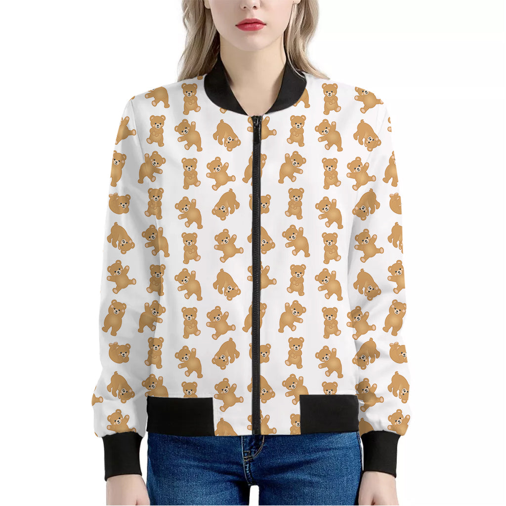 Cartoon Teddy Bear Pattern Print Women's Bomber Jacket