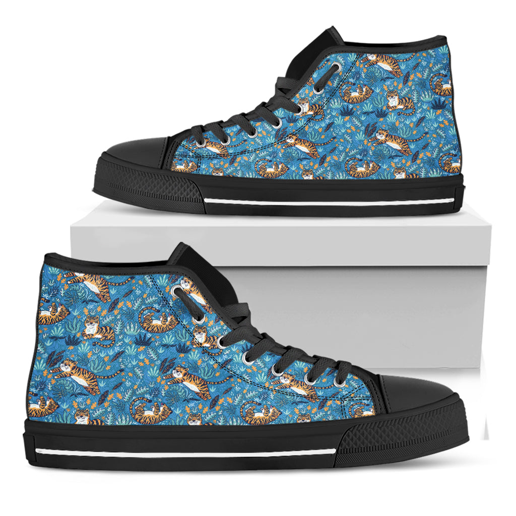 Cartoon Tiger Pattern Print Black High Top Shoes