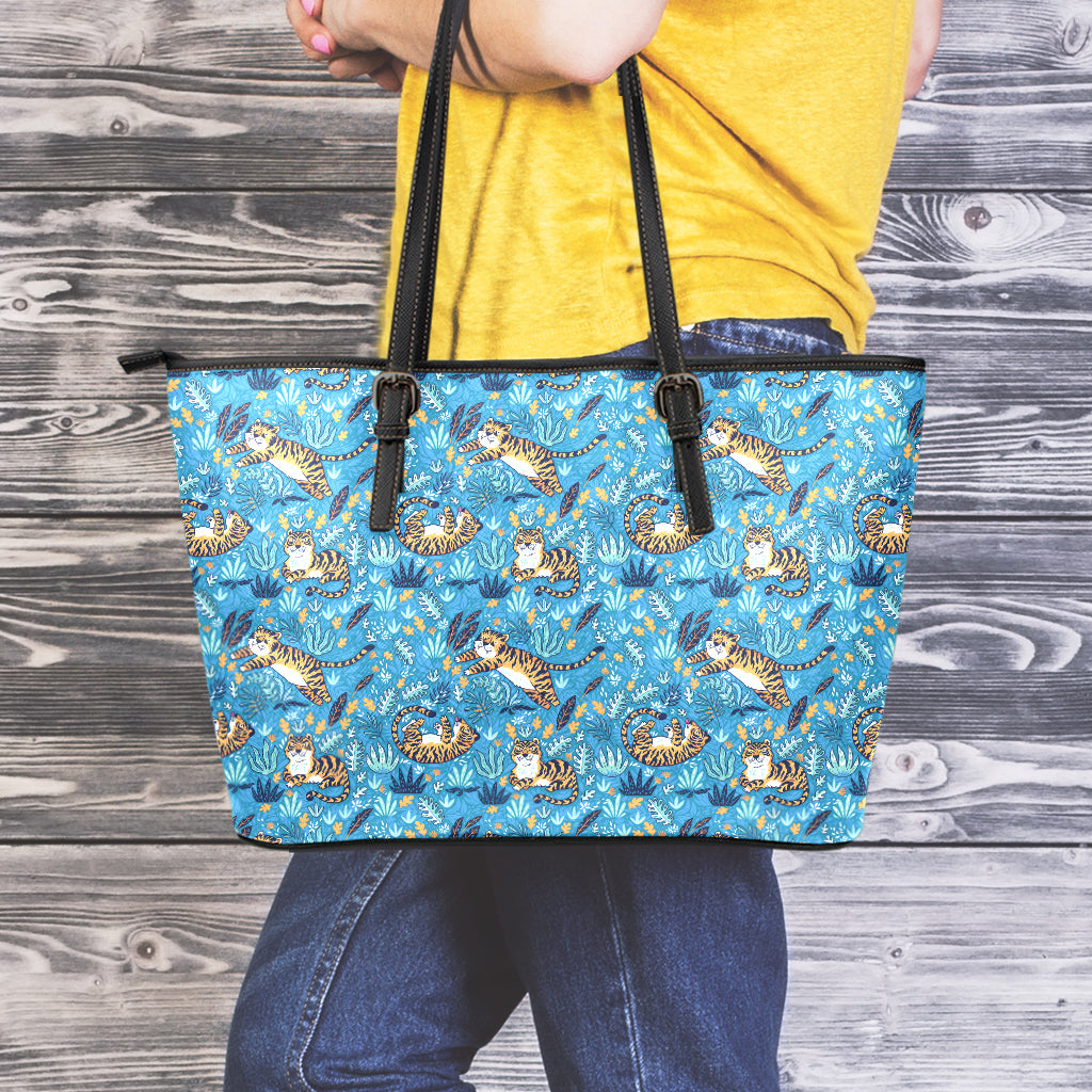 Cartoon Tiger Pattern Print Leather Tote Bag