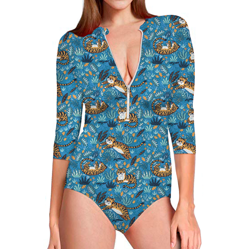 Cartoon Tiger Pattern Print Long Sleeve One Piece Swimsuit