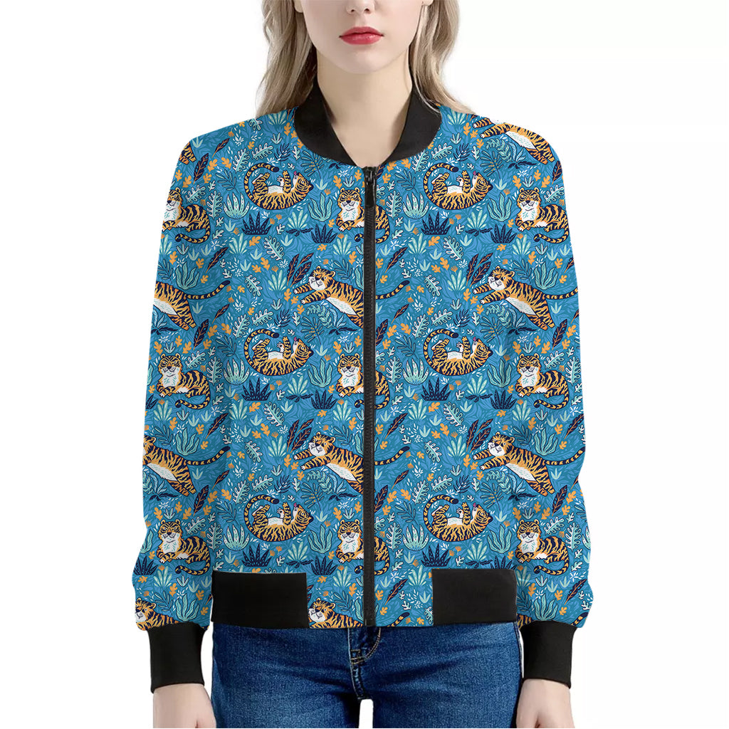 Cartoon Tiger Pattern Print Women's Bomber Jacket