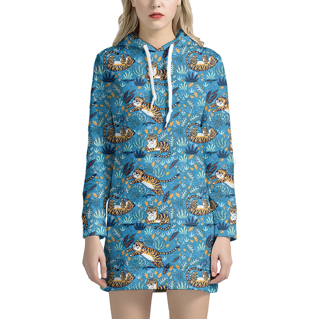 Cartoon Tiger Pattern Print Women's Pullover Hoodie Dress