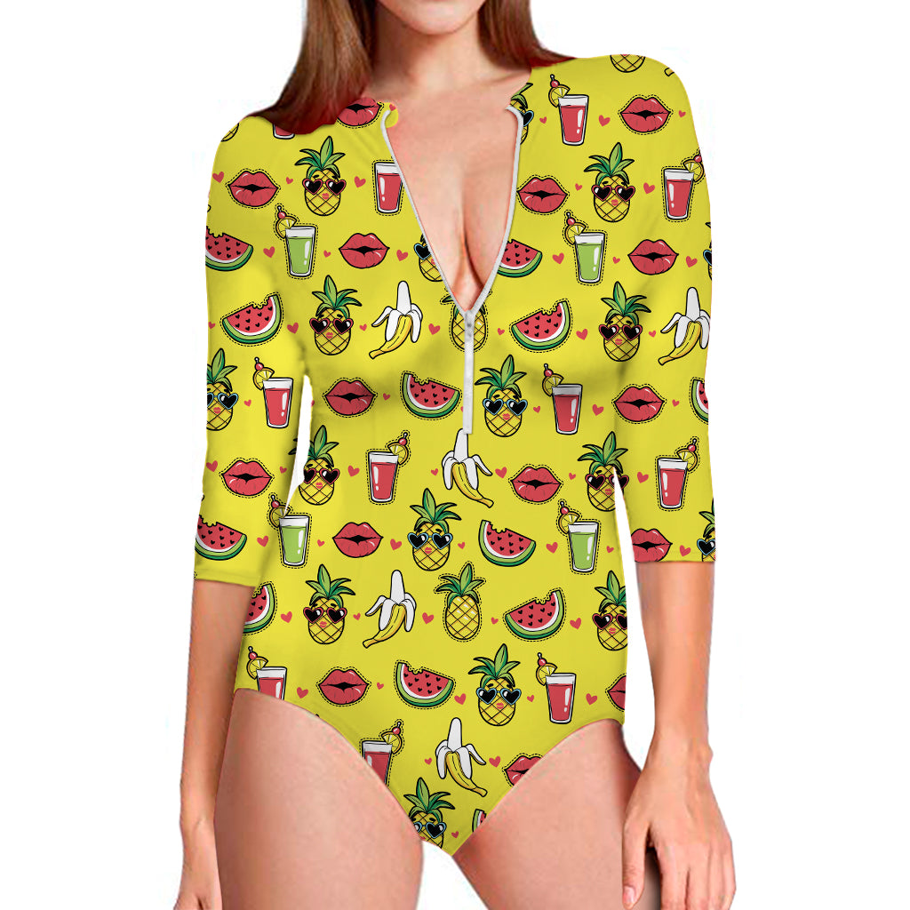 Cartoon Tropical Pattern Print Long Sleeve One Piece Swimsuit