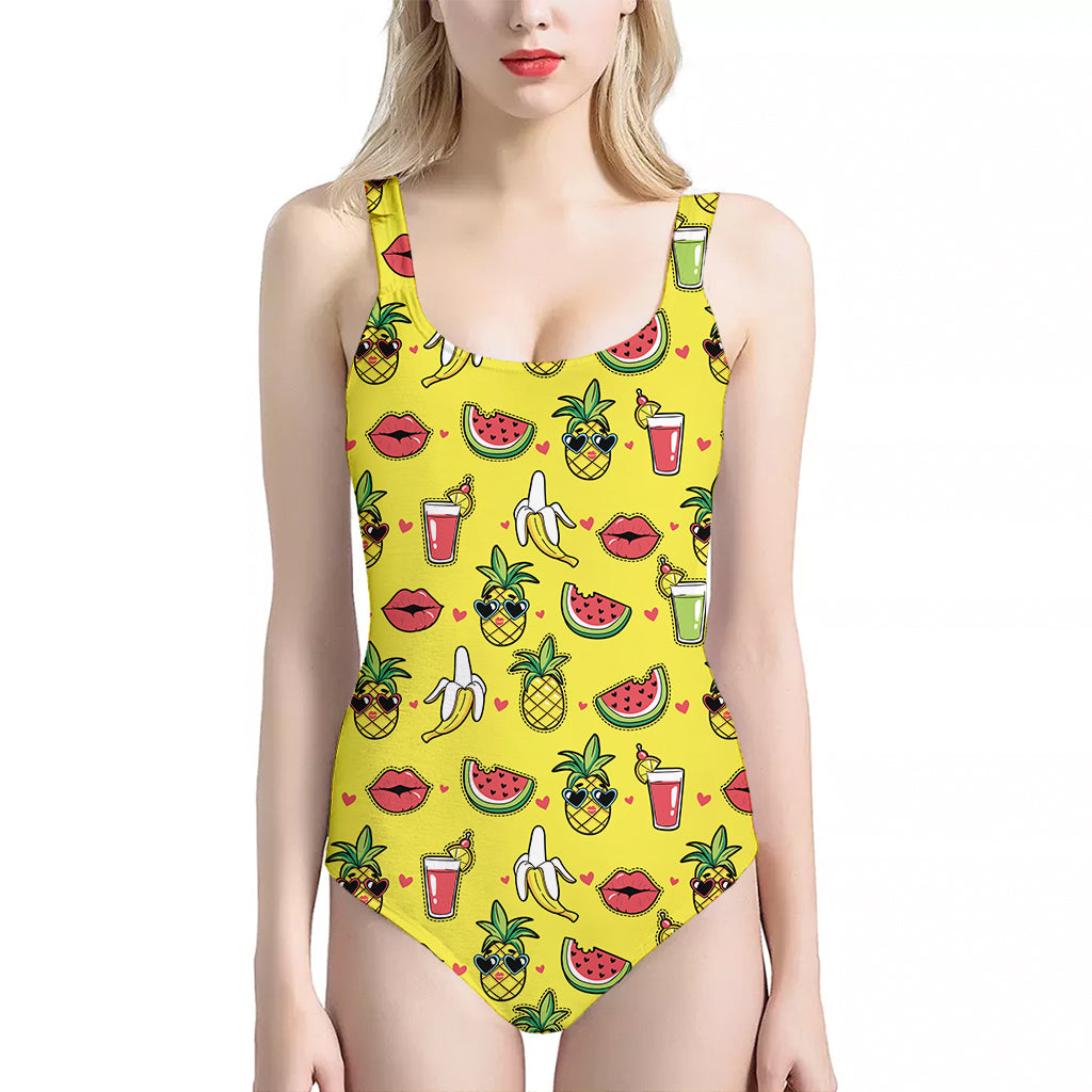 Cartoon Tropical Pattern Print One Piece Halter Neck Swimsuit