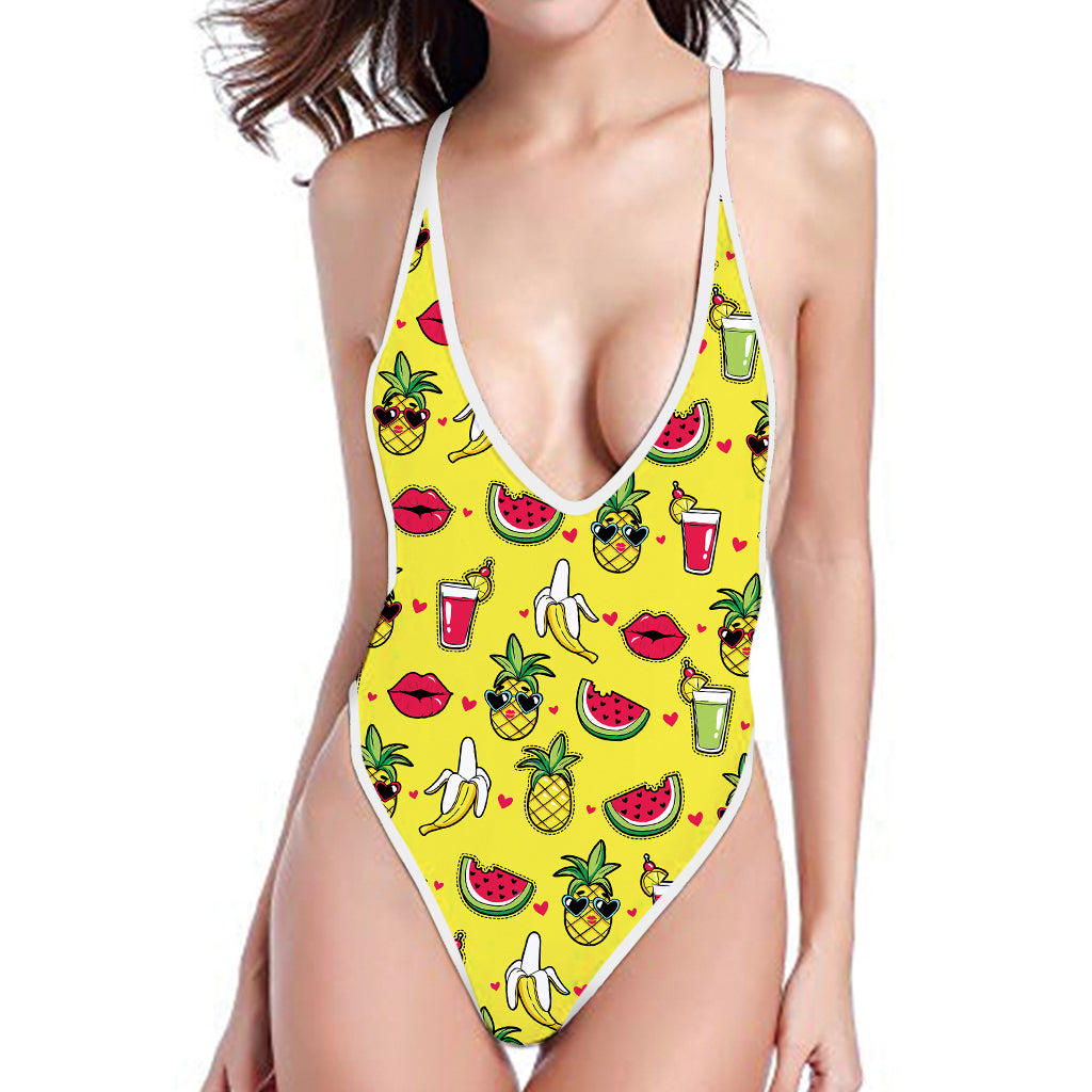 Cartoon Tropical Pattern Print One Piece High Cut Swimsuit