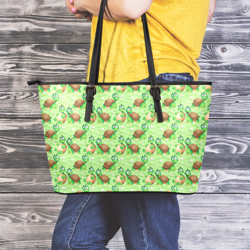 Cartoon Turtle Pattern Print Leather Tote Bag