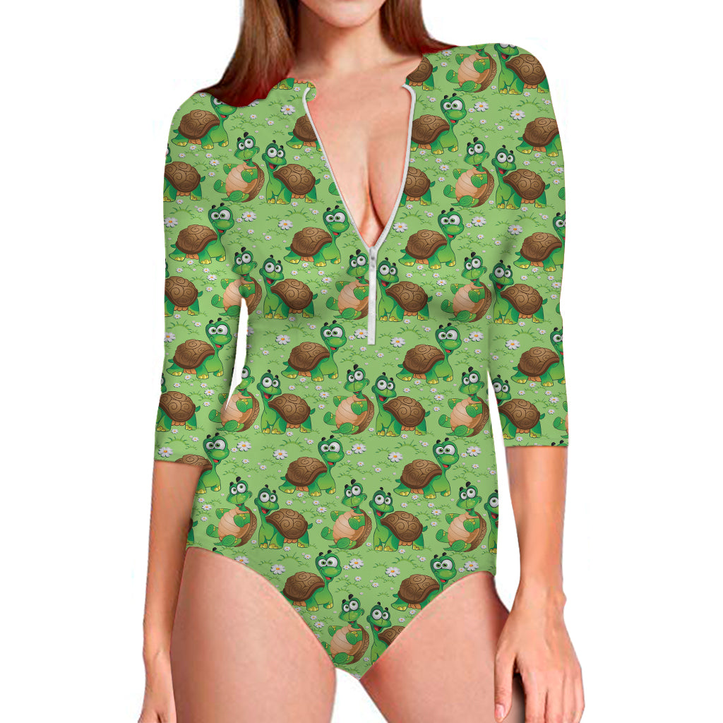 Cartoon Turtle Pattern Print Long Sleeve One Piece Swimsuit