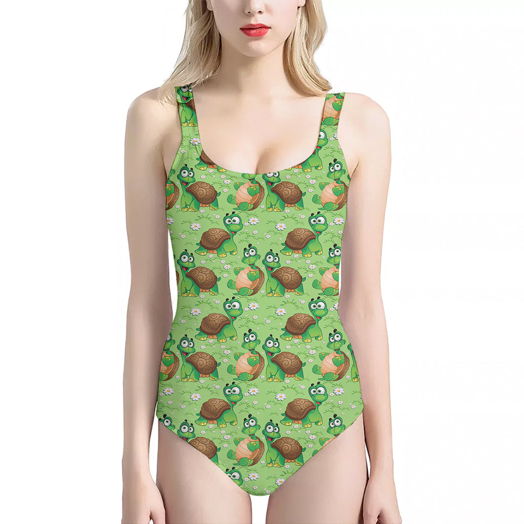 Cartoon Turtle Pattern Print One Piece Halter Neck Swimsuit