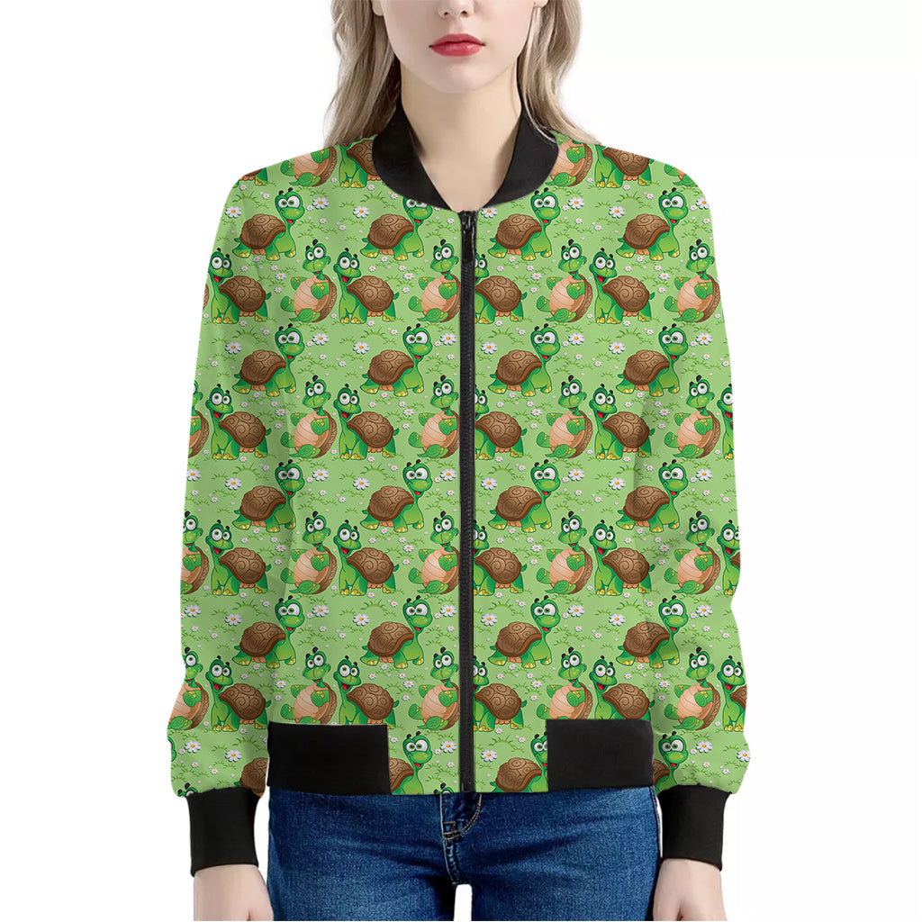 Cartoon Turtle Pattern Print Women's Bomber Jacket