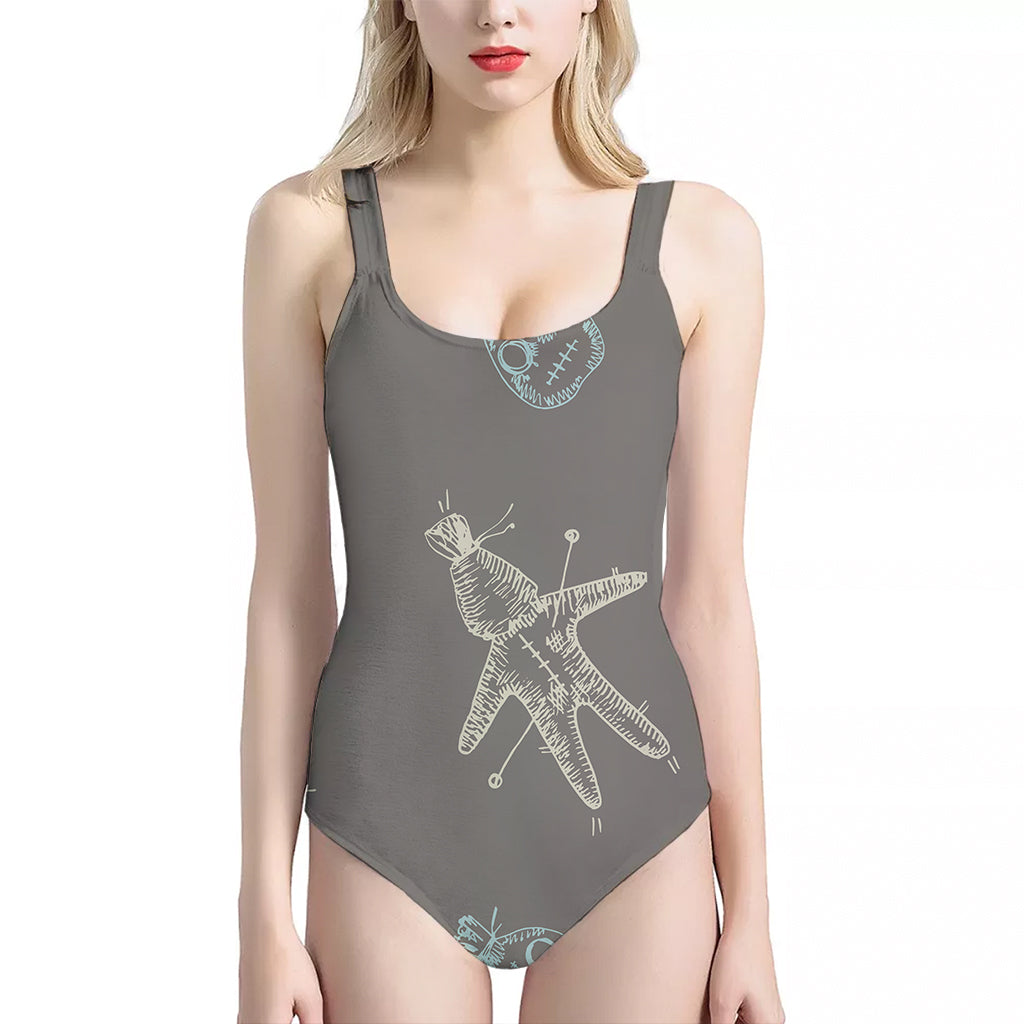 Cartoon Voodoo Doll Pattern Print One Piece Halter Neck Swimsuit