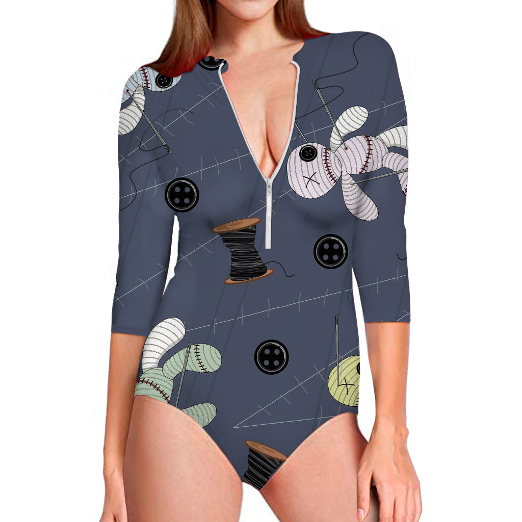 Cartoon Voodoo Doll Print Long Sleeve One Piece Swimsuit