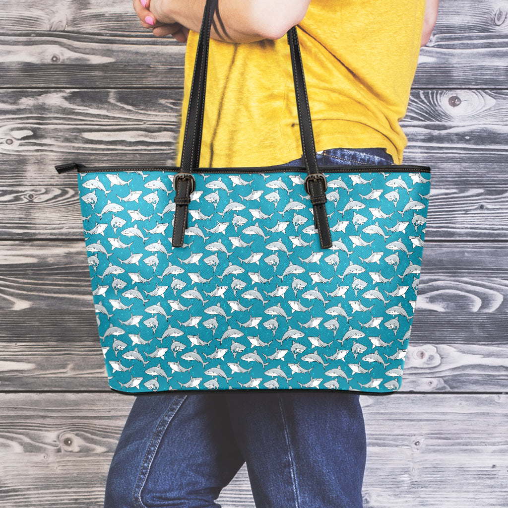 Cartoon White Shark Pattern Print Leather Tote Bag