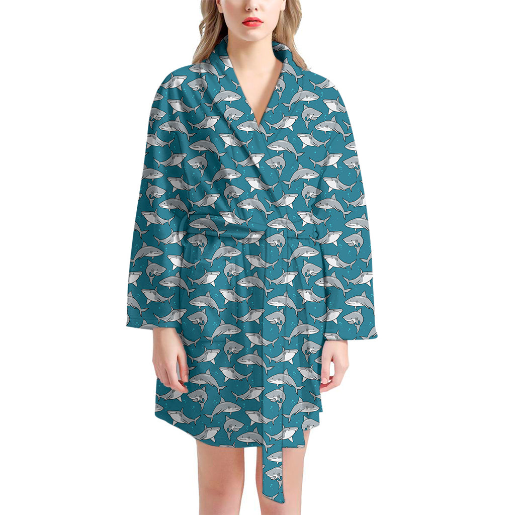 Cartoon White Shark Pattern Print Women's Bathrobe