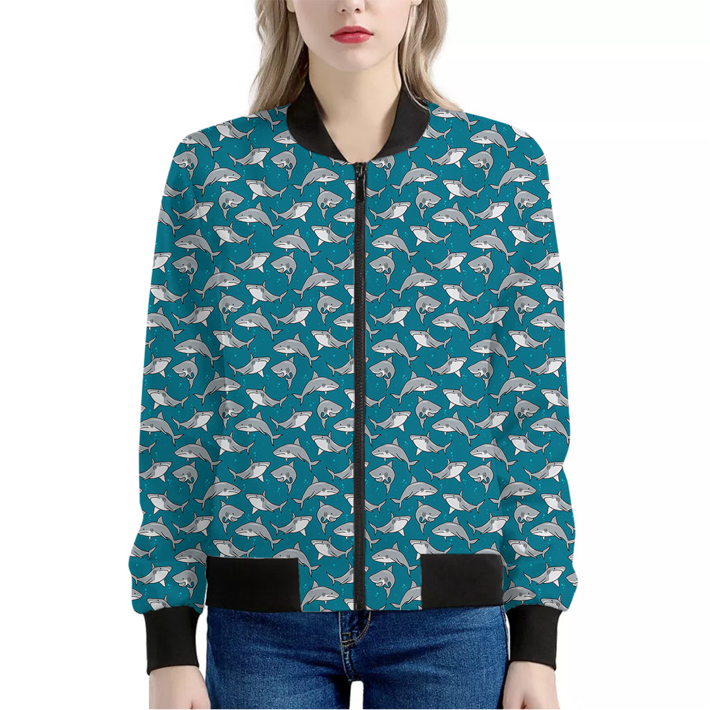 Cartoon White Shark Pattern Print Women's Bomber Jacket