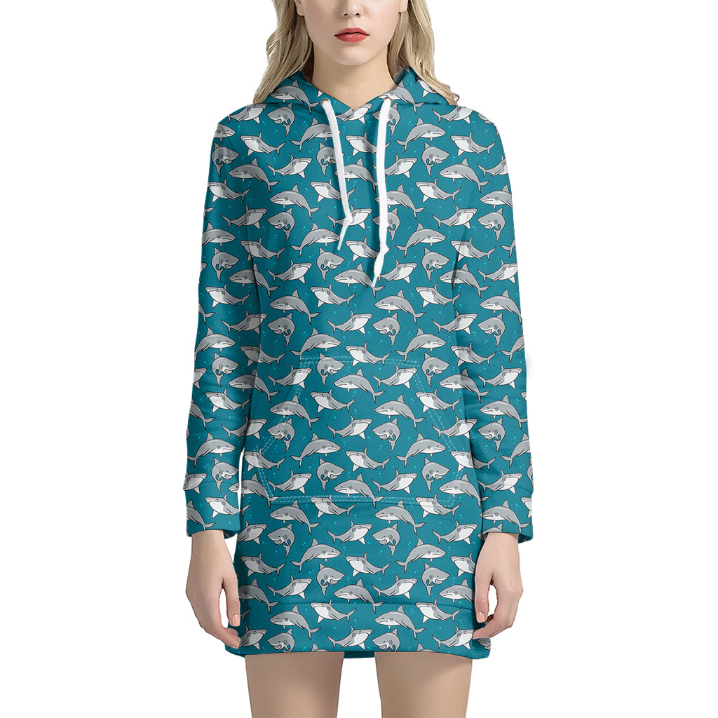 Cartoon White Shark Pattern Print Women's Pullover Hoodie Dress