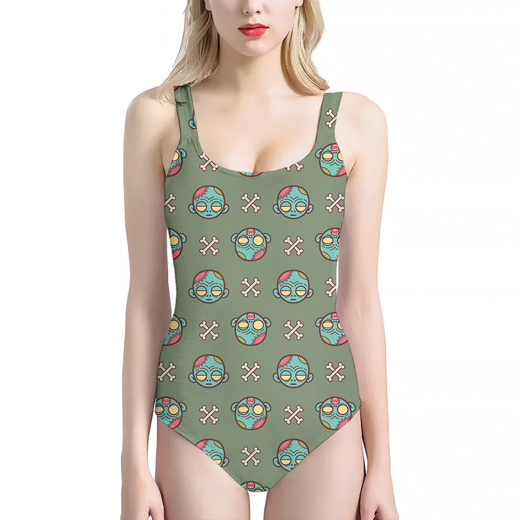 Cartoon Zombie Pattern Print One Piece Halter Neck Swimsuit