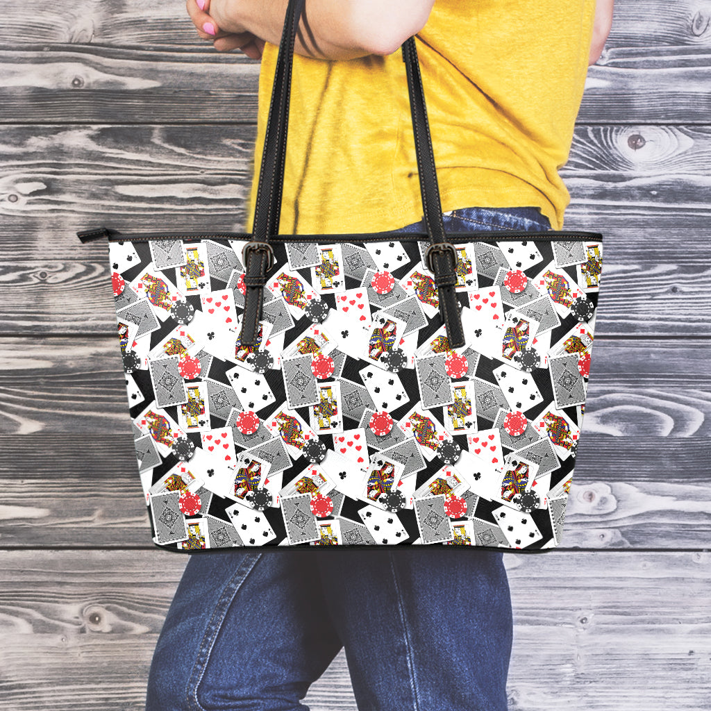 Casino Card And Chip Pattern Print Leather Tote Bag