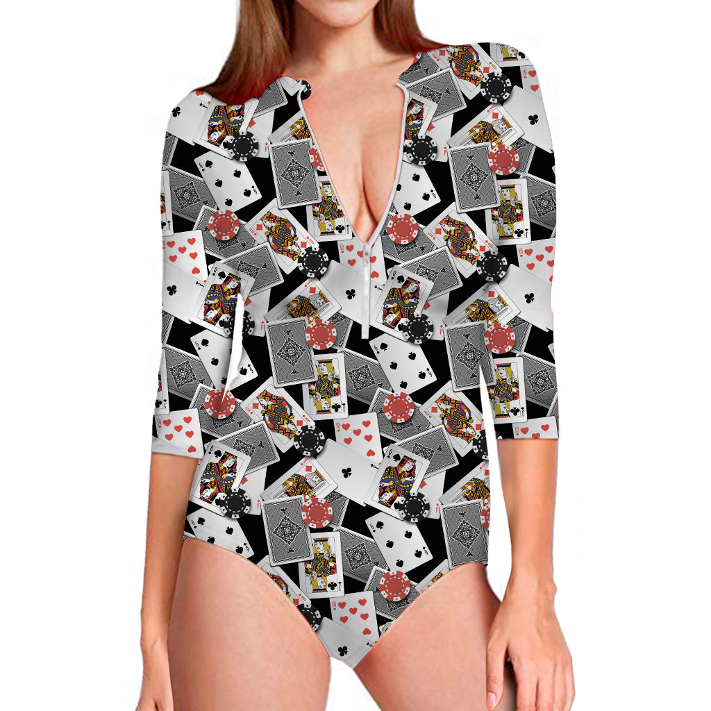 Casino Card And Chip Pattern Print Long Sleeve One Piece Swimsuit