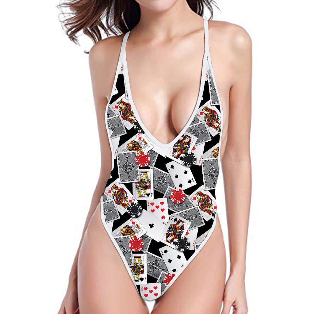 Casino Card And Chip Pattern Print One Piece High Cut Swimsuit