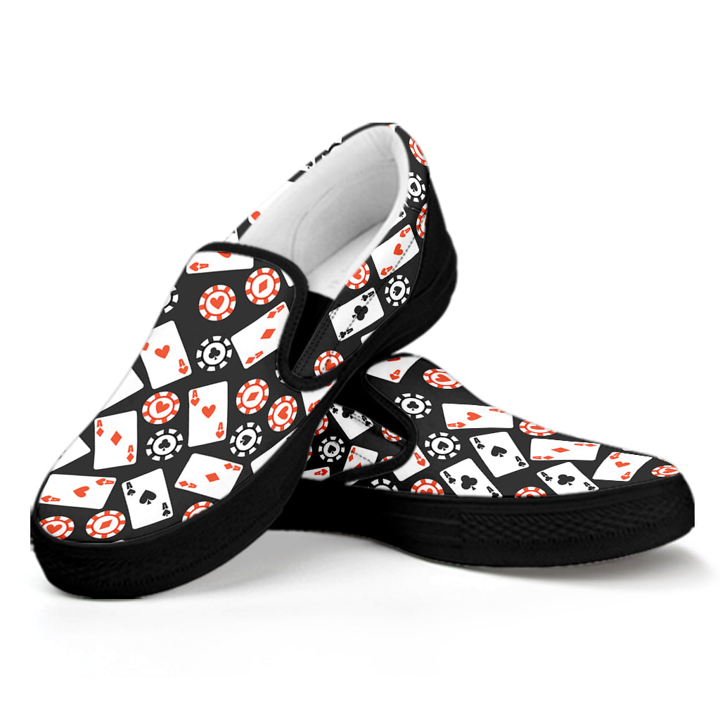 Casino Chip And Card Pattern Print Black Slip On Shoes