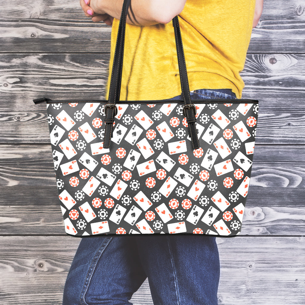 Casino Chip And Card Pattern Print Leather Tote Bag