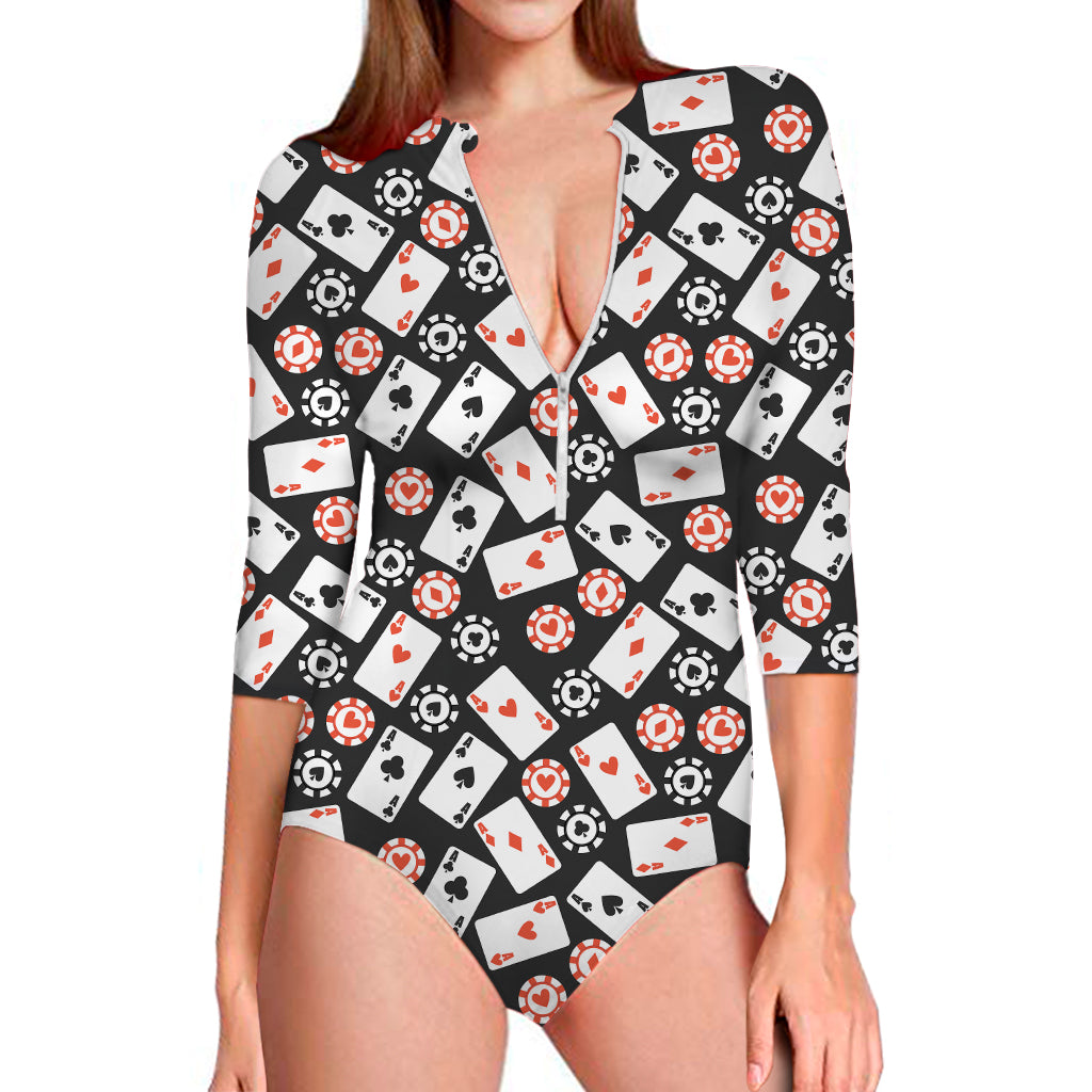 Casino Chip And Card Pattern Print Long Sleeve One Piece Swimsuit