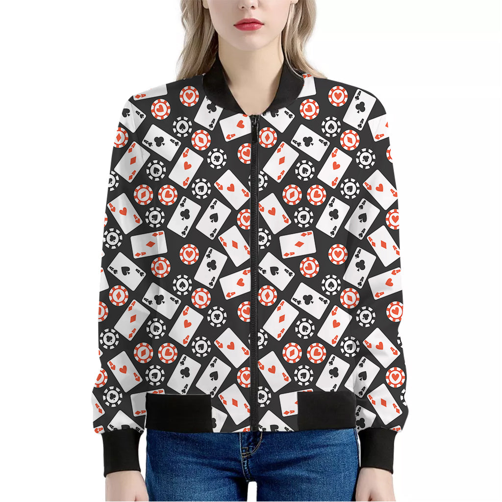 Casino Chip And Card Pattern Print Women's Bomber Jacket