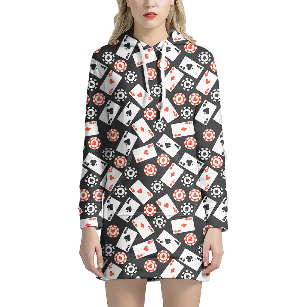 Casino Chip And Card Pattern Print Women's Pullover Hoodie Dress